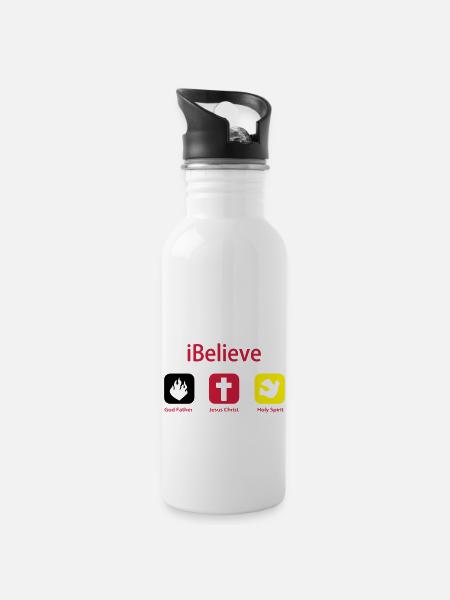 iBelieve - Jesus Shirt (UK) - Trinkflasche mit integriertem Trinkhalm - Weiß