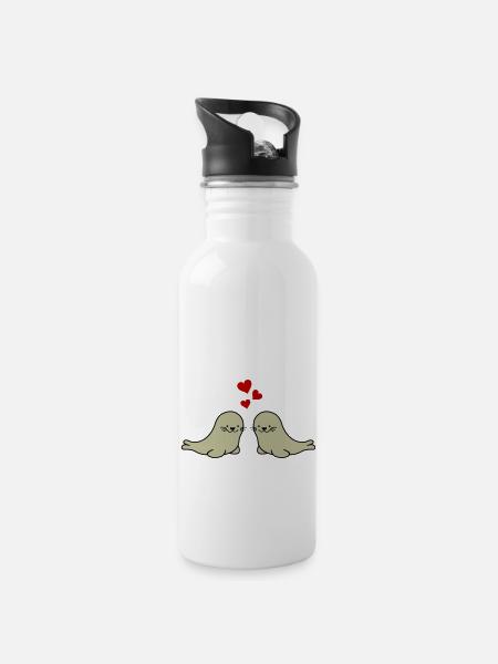 focas en el amor - Botella cantimplora con pajita integrada - blanco