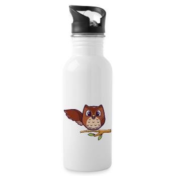 Hello Owl - Eule sitzt auf Ast und winkt - Trinkflasche mit integriertem Trinkhalm - Weiß - Rechts
