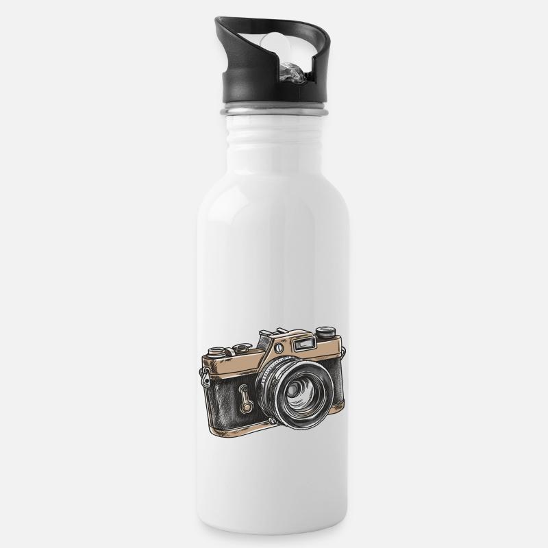Kamera Retro Zeichnung - Trinkflasche mit integriertem Trinkhalm - Weiß