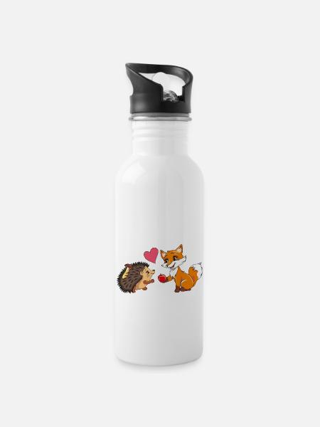 Babyfuchs gibt einem Igel einen Apfel - Trinkflasche mit integriertem Trinkhalm - Weiß