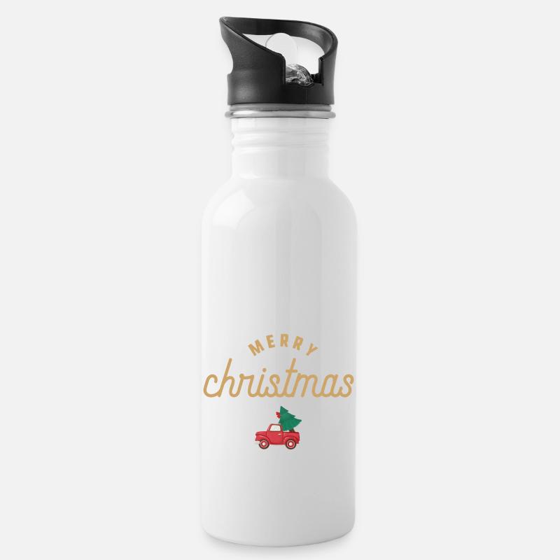 Merry Christmas - Auto mit Weihnachtsbaum - Trinkflasche mit integriertem Trinkhalm - Weiß