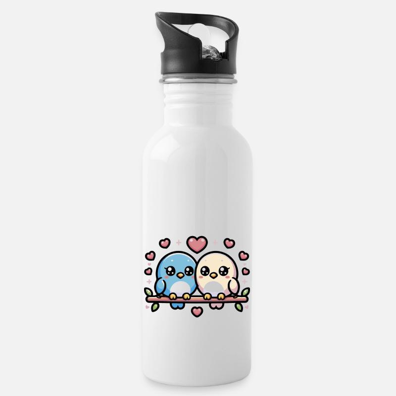 cute lovebirds perched on a branch - Water bottle with straw - white
