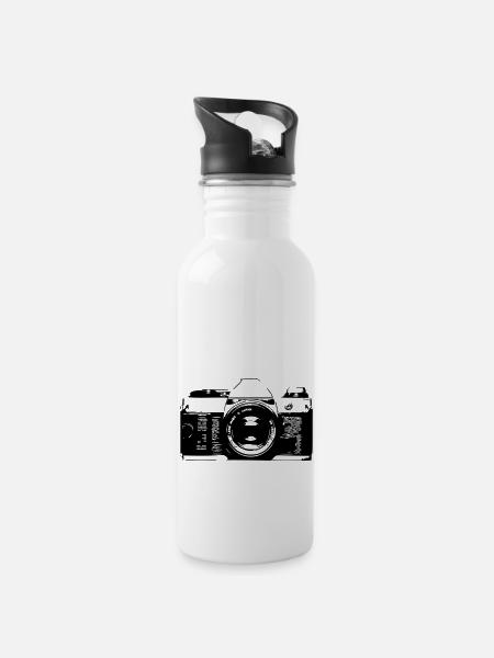 Retro Kamera - Trinkflasche mit integriertem Trinkhalm - Weiß