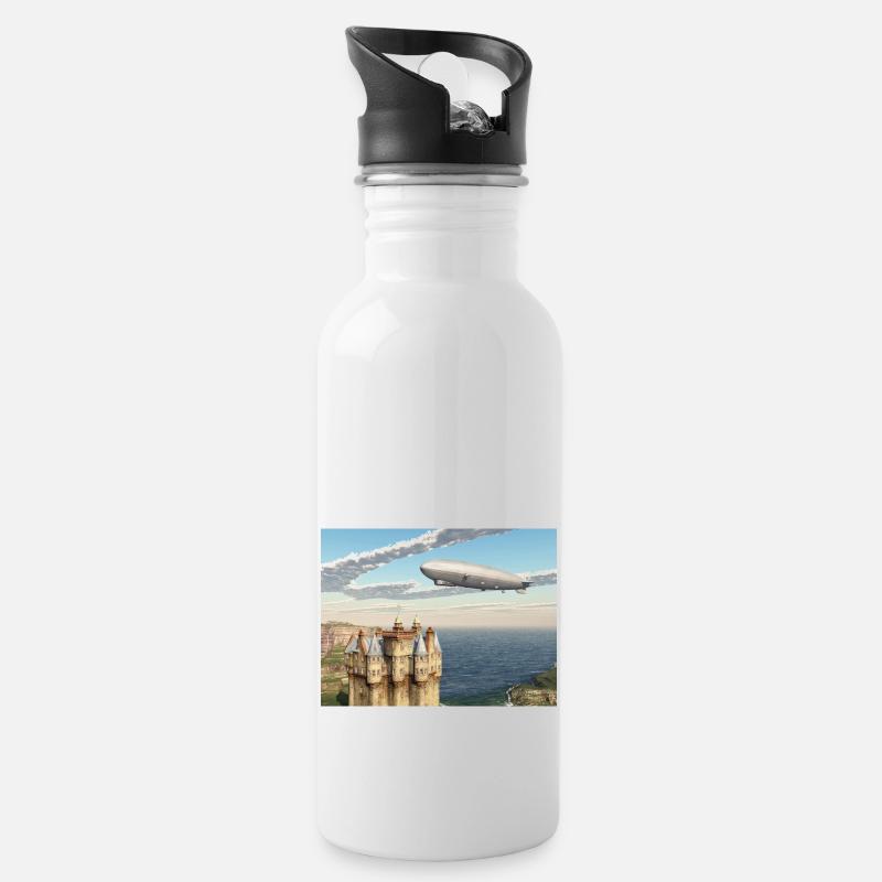 Schottisches Schloss und Zeppelin - Trinkflasche mit integriertem Trinkhalm - Weiß