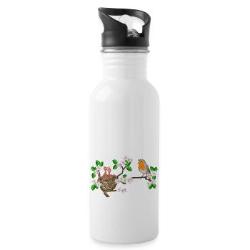 Robins, nest, cherry blossoms - Water bottle with straw - white - Right