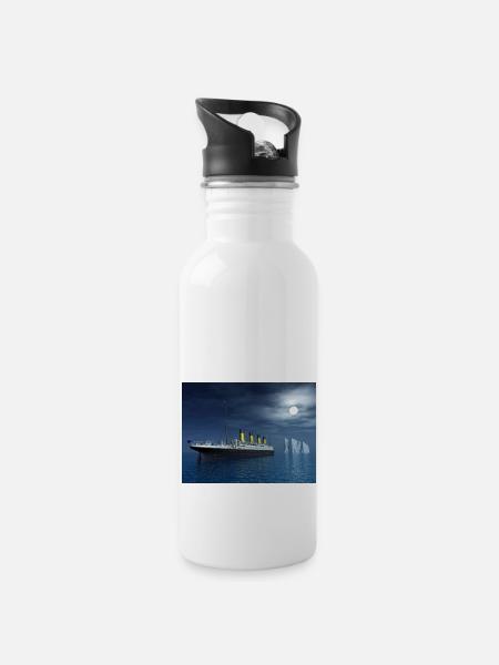 Historisches Passagierschiff Titanic und Eisberg - Trinkflasche mit integriertem Trinkhalm - Weiß