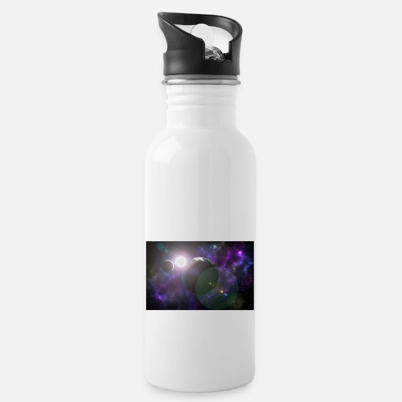 Mond und Erde mit Sonne - Trinkflasche mit integriertem Trinkhalm - Weiß