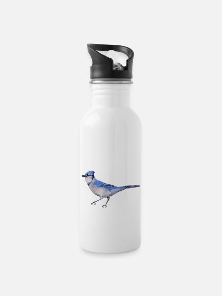 Vogel ~ der blaue Eichelhäher - Trinkflasche mit integriertem Trinkhalm - Weiß