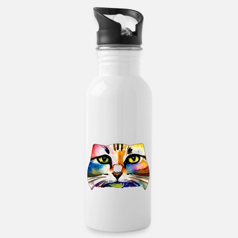 Katzengesicht 7 - Trinkflasche mit integriertem Trinkhalm - Weiß