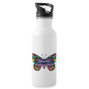 Bunter Schmetterling - Trinkflasche mit integriertem Trinkhalm - Weiß - Rechts