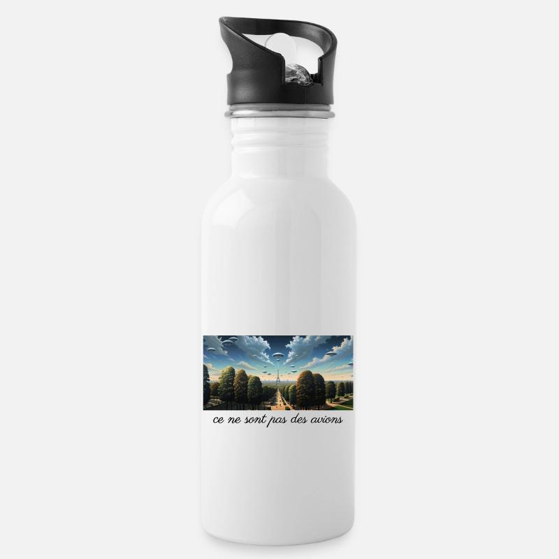 UFOs über Paris - Magritte - Trinkflasche mit integriertem Trinkhalm - Weiß