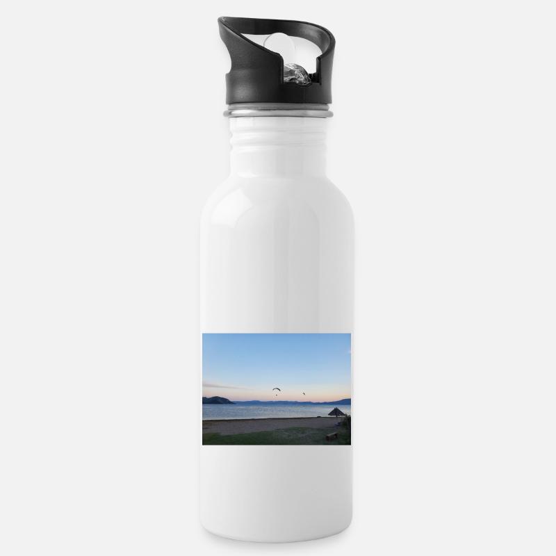 Urlaub, Strand, Meer, Sonne, Sonnenuntergang - Trinkflasche mit integriertem Trinkhalm - Weiß