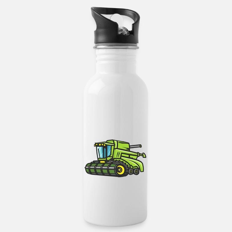 Green Combine Harvester - Water bottle with straw - white