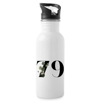 Nummer 79 Blumengrün - 79. Blumengeburtstag - Trinkflasche mit integriertem Trinkhalm - Weiß - Rechts