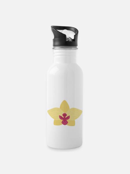 Yellow Orchid - Water bottle with straw - white