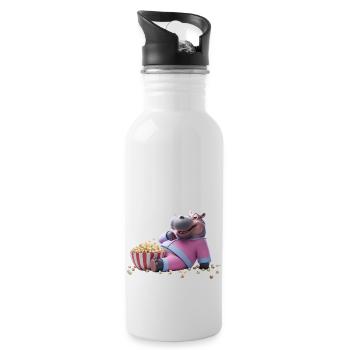Nilpferd mit Popcorn - Trinkflasche mit integriertem Trinkhalm - Weiß - Rechts