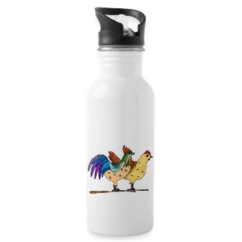 Hahn und Henne - Trinkflasche mit integriertem Trinkhalm - Weiß - Rechts