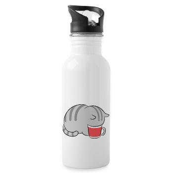 Kawaii Cat in Coffee Japanese Neko Kitten - Water bottle with straw - white - Right