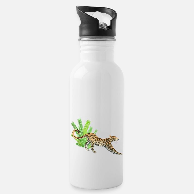 Leopard im Dschungel - Trinkflasche mit integriertem Trinkhalm - Weiß