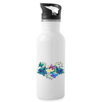 Early Spring Season Flowers Butterflies - Water bottle with straw - white - Right