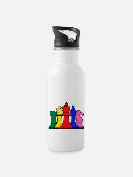 Schachfiguren - Trinkflasche mit integriertem Trinkhalm - Weiß