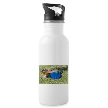 Blauer Pfau (in german Blauer Pfau) Pavo cristatus - Trinkflasche mit integriertem Trinkhalm - Weiß - Rechts