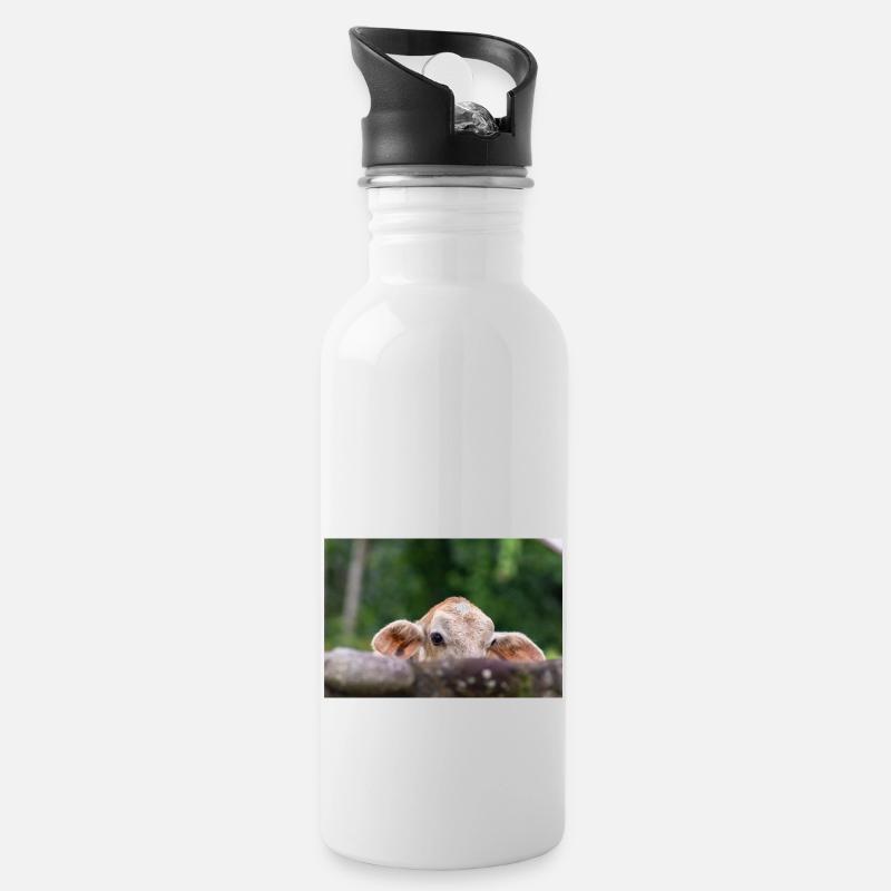 Das kleine Kalb hinter der Barriere - Trinkflasche mit integriertem Trinkhalm - Weiß