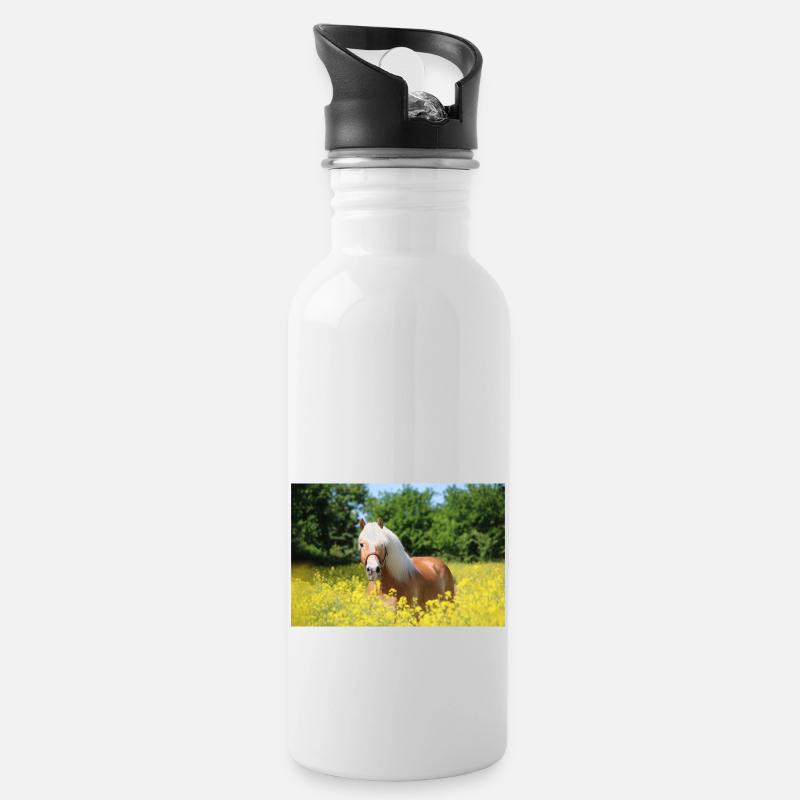 Haflinger im Raps - Trinkflasche mit integriertem Trinkhalm - Weiß