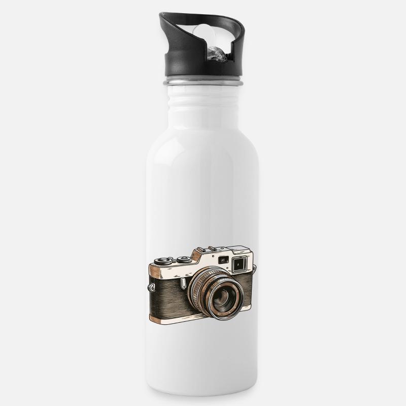 Kamera Retro Zeichnung - Trinkflasche mit integriertem Trinkhalm - Weiß