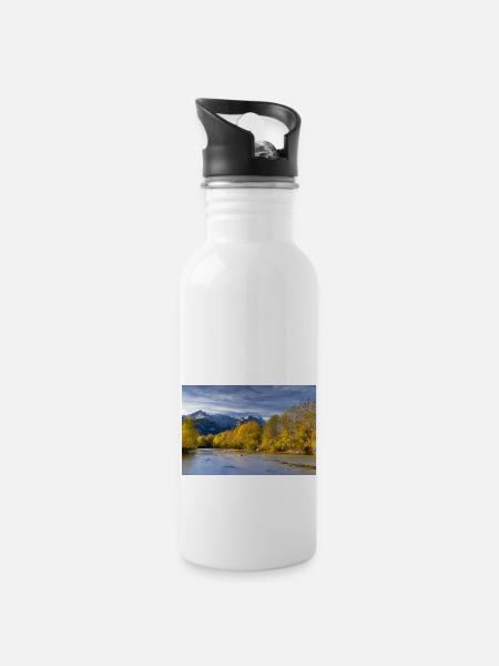 Herbststimmung an der Loisach mit Zugspitze - Trinkflasche mit integriertem Trinkhalm - Weiß