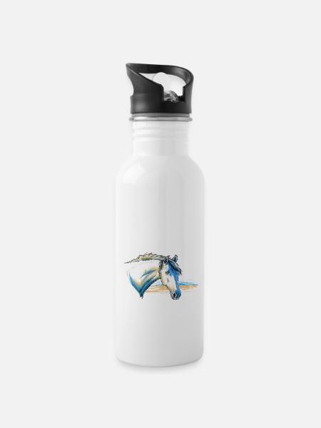 Camargue Pferd Portrait - Trinkflasche mit integriertem Trinkhalm - Weiß