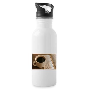 Buch und Kaffee - Trinkflasche mit integriertem Trinkhalm - Weiß - Rechts