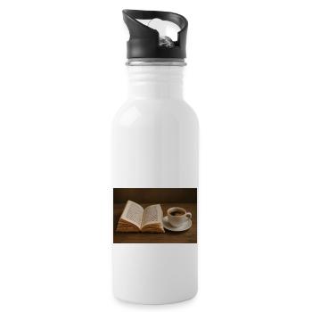 Buch und Kaffee - Trinkflasche mit integriertem Trinkhalm - Weiß - Rechts