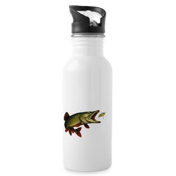 Hecht Biss Szene – Wobbler & Fangmoment - Trinkflasche mit integriertem Trinkhalm - Weiß - Rechts