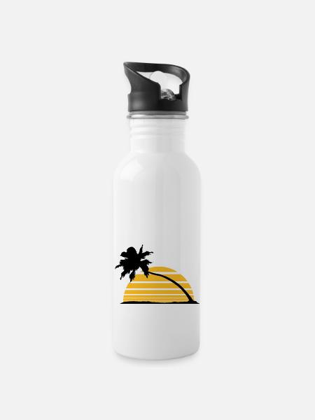 sun stripes lines silhouette palm beach sea - Water bottle with straw - white