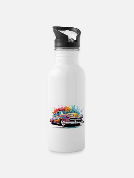 bunter Oldtimer - Trinkflasche mit integriertem Trinkhalm - Weiß