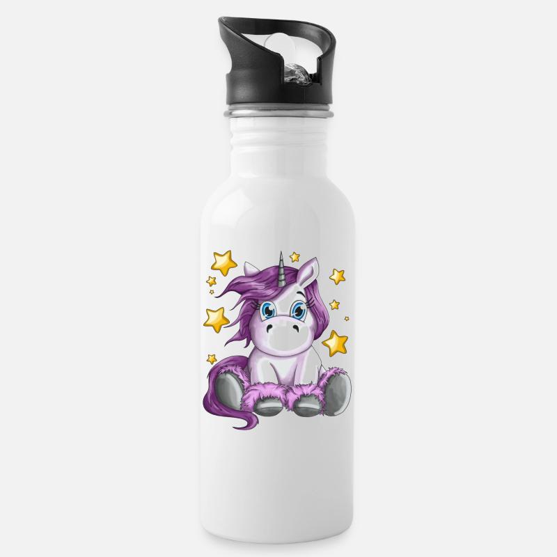 Flauschiges Einhorn mit Sterne Illustration Motiv - Trinkflasche mit integriertem Trinkhalm - Weiß