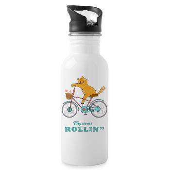 Katze Fahrrad Rollin - Trinkflasche mit integriertem Trinkhalm - Weiß - Rechts