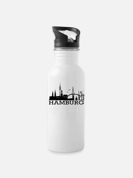 Hamburg Skyline - Trinkflasche mit integriertem Trinkhalm - Weiß