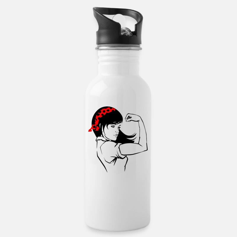 Frauenpower - Trinkflasche mit integriertem Trinkhalm - Weiß