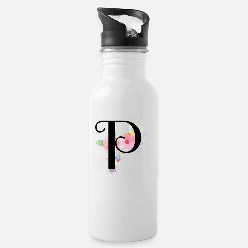 Monogramm Buchstabe P mit Pastellblüten - Trinkflasche mit integriertem Trinkhalm - Weiß