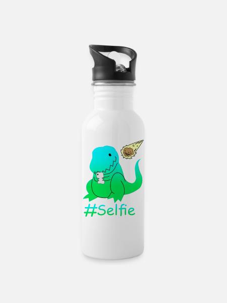 Funny Selfie Dinosaur - Water bottle with straw - white