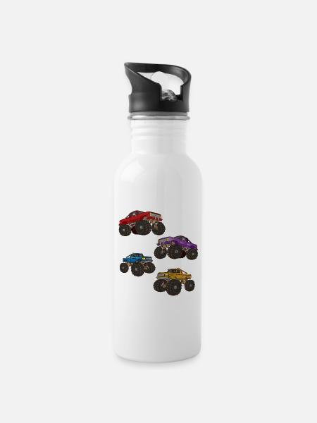 Monster Truck - Four different Monster Trucks - Water bottle with straw - white