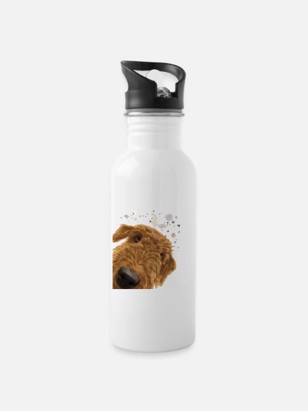 Airedale Terrier Dog - Water bottle with straw - white