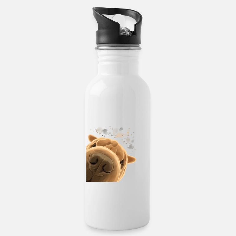 Neugieriger Shar Pei Hund - Trinkflasche mit integriertem Trinkhalm - Weiß