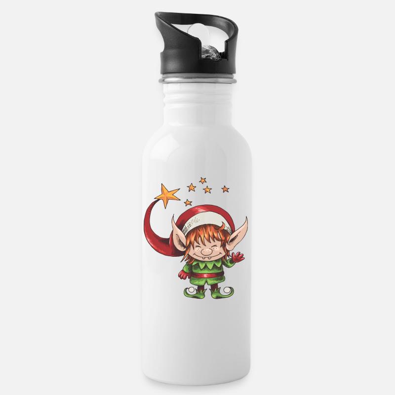 Weihnachtself - Trinkflasche mit integriertem Trinkhalm - Weiß