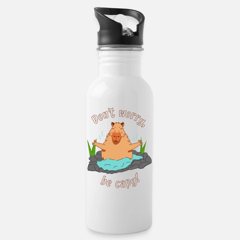 Capybara Meditation Wasserschwein lustiger Spruch - Trinkflasche mit integriertem Trinkhalm - Weiß