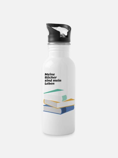 Bücher und Leben - Trinkflasche mit integriertem Trinkhalm - Weiß