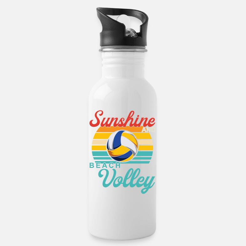 Design Beachvolleyball - Trinkflasche mit integriertem Trinkhalm - Weiß